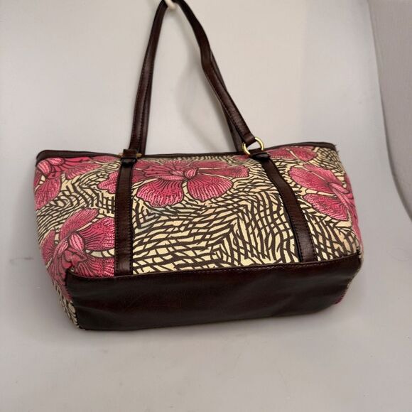 Tommy Hilfiger Pink Floral Canvas Tote Bag Brown Leather Accents 17"x10"x5" EUC - Picture 6 of 16